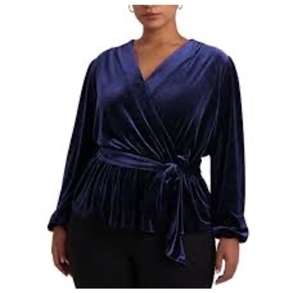 Lauren Ralph Lauren Black Label Belted Velvet Peplum Surplice Top Navy 1X NWT